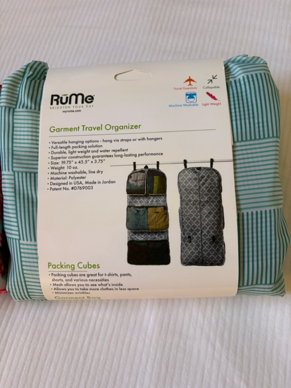 Teal Stripe Garment Travel Organizer - Hanging Packing Cubes